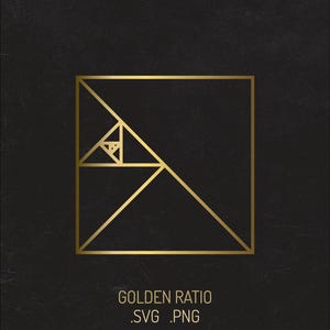 Könnte beinhalten: Ein goldfarbenes geometrisches Design des goldenen Schnitts, das ein Quadrat zeigt, welches durch Linien in kleinere Dreiecke unterteilt ist, auf schwarzem Hintergrund. Unter der Grafik steht der Text GOLDEN RATIO .SVG .PNG in goldener Schrift.