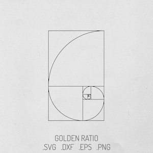 May include: A black line art illustration of the golden ratio spiral contained within a series of squares. Below the graphic, the text reads: GOLDEN RATIO .SVG .DXF .EPS .PNG. The design is presented on a plain, light-colored background.
