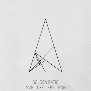 Könnte beinhalten: Eine schwarze Strichzeichnung eines Dreiecks mit einem geometrischen goldenen Schnitt-Spiralmuster. Unter der Grafik steht der Text GOLDEN RATIO, gefolgt von den Dateiendungen .SVG .DXF .EPS .PNG in einer klaren, serifenlosen Schriftart.