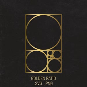 Könnte beinhalten: Eine goldfarbene grafische Darstellung des goldenen Schnitts mit einer Reihe ineinander verschachtelter Kreise und Rechtecke auf einem dunklen, strukturierten schwarzen Hintergrund. Unter dem geometrischen Design steht GOLDEN RATIO .SVG .PNG.