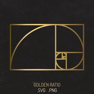 May include: A gold-colored graphic of the golden ratio spiral and rectangle on a black background. Below the graphic, the text reads GOLDEN RATIO .SVG .PNG in a gold-colored sans-serif font. The design features clean lines and geometric shapes.