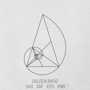 Puede incluir: Una ilustración de líneas negras del espiral de la proporción áurea y triángulos geométricos sobre un fondo gris claro. Debajo del gráfico, el texto dice GOLDEN RATIO seguido de los formatos de archivo .SVG .DXF .EPS .PNG en una fuente sans-serif.
