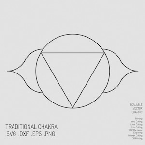 May include: A black and white line art illustration of a traditional chakra symbol. The symbol is a circle with a triangle inside, and two curved lines extending from the circle.