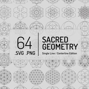 Può includere: Una collezione digitale di 64 disegni di geometria sacra in bianco e nero con intricati motivi a linee. Il testo centrale recita 64 SACRED GEOMETRY .SVG .PNG Single Line / Centerline Edition, su uno sfondo grigio chiaro.