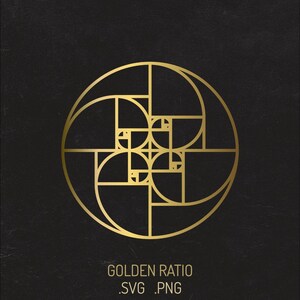 Puede incluir: Un diseño gráfico de color dorado con el patrón de espiral de la proporción áurea centrado sobre un fondo negro. Debajo de la ilustración geométrica circular, el texto dice GOLDEN RATIO, seguido de las extensiones .SVG y .PNG en letras doradas.