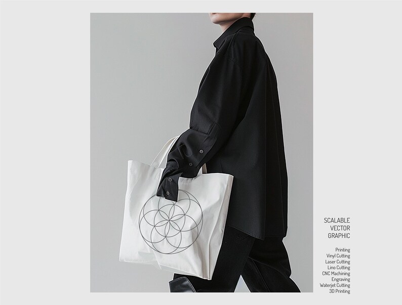 May include: A white tote bag with a black geometric design. The bag is being held by a person wearing a black shirt.