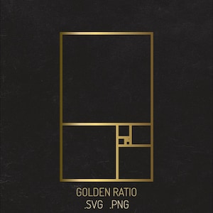 Op de afbeelding: Een goudkleurige afbeelding van de gulden snede geometrie, bestaande uit in elkaar grijpende vierkanten en rechthoeken op een zwarte achtergrond. Onder het geometrische ontwerp staat de tekst GOLDEN RATIO .SVG .PNG in een goudkleurig lettertype.