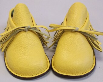 Leather Baby Moccasins, heirloom quality baby shoes, fringe booties, yellow