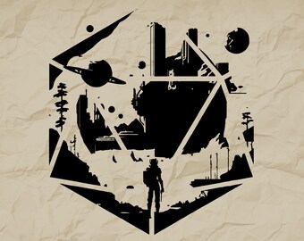 D20 Dice Quest SVG, czarno-biały projekt DnD (pobranie cyfrowe)