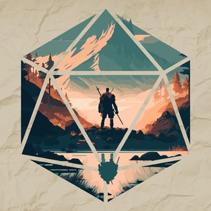 May include: A stylized illustration of a fantasy landscape inside a large, blue, green, and brown geometric shape resembling a dice. A lone figure stands in the center of the landscape, facing away from the viewer.