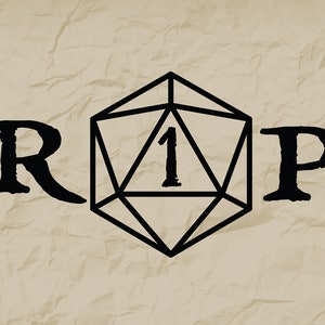 May include: Black and white illustration of a 20-sided die with the number 1 on it, surrounded by the letters R and P.