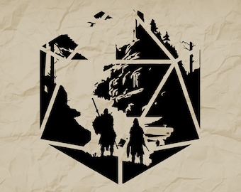 Diseño SVG de D20 Dice Quest, blanco y negro para DnD (descarga digital)