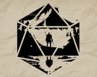 Diseño SVG de D20 Dice Quest, blanco y negro para DnD (descarga digital)