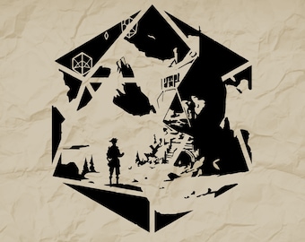 D20 Dice Quest SVG, czarno-biały projekt DnD (pobranie cyfrowe)