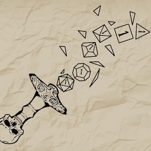 May include: A black and white illustration of a skull-shaped sword handle with a decorative hilt.  The sword is breaking apart into multiple dice, each showing a number one.