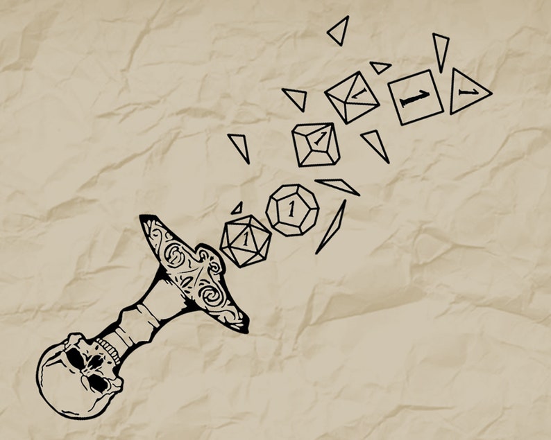 May include: A black and white illustration of a skull-shaped sword handle with a decorative hilt.  The sword is breaking apart into multiple dice, each showing a number one.