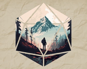 SVG de búsqueda de dados D20, paisaje de montaña de DnD (descarga digital)