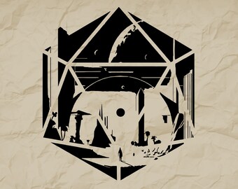 D20 Dice Quest SVG, czarno-biały projekt DnD (pobranie cyfrowe)