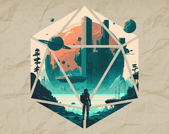 Diseño de camiseta con dados de ciencia ficción para búsqueda (SVG, D20) (Descarga digital)