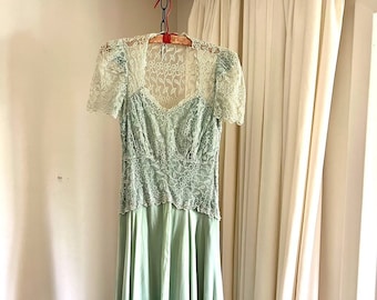 Vintage 30s Silk + Lace Gown, Seafoam Dyed, Silk Lining, Metal Zipper