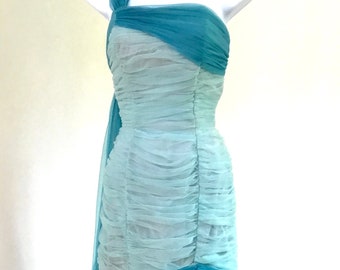 50’s strapless mermaid wiggle gown. Ruched, tulle, shoulder sash, S/XS  metal back zipper.