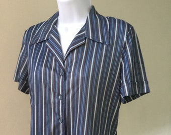 70’s short sleeve nylon blue striped women’s Sears blouse.