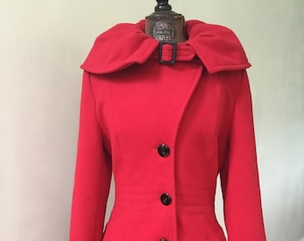 80’s / 90’s lipstick red long coat with super collar. Polyester. Size 4. Lined. Shoulder pads.