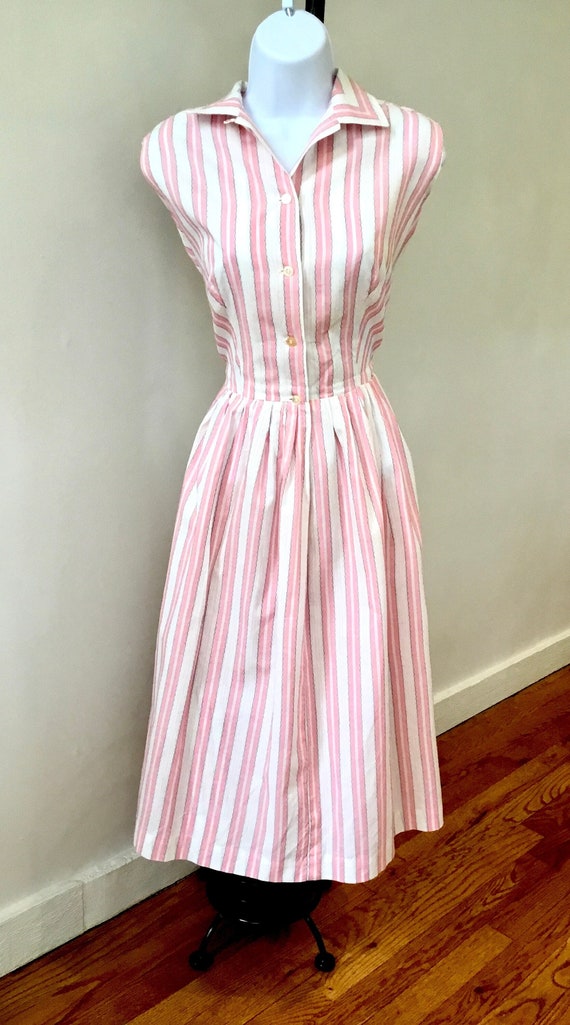 60’s pink striped shirt dress ,full skirt. M/L