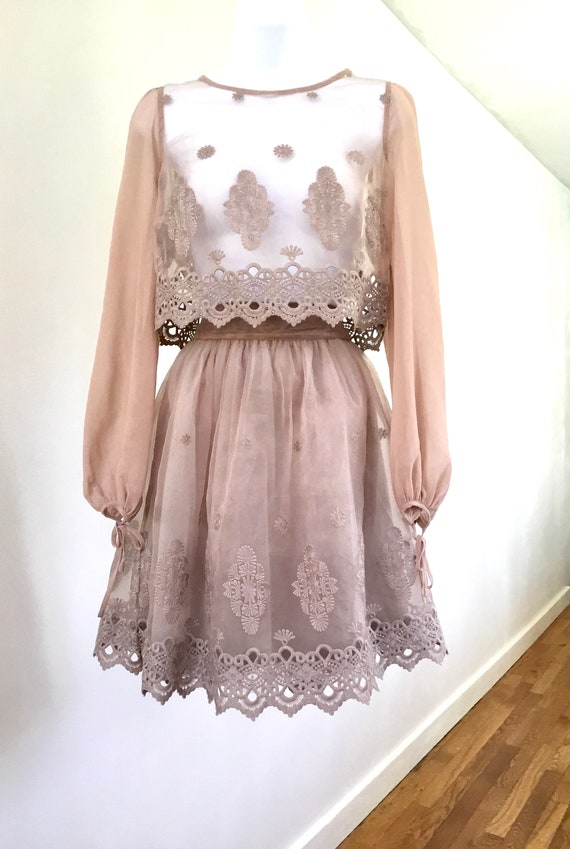 Beige Bebe skirt set, lace &tulle, mini, crop top… - image 2