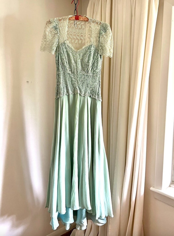 Vintage 30s Silk + Lace Gown, Seafoam Dyed, Silk … - image 1