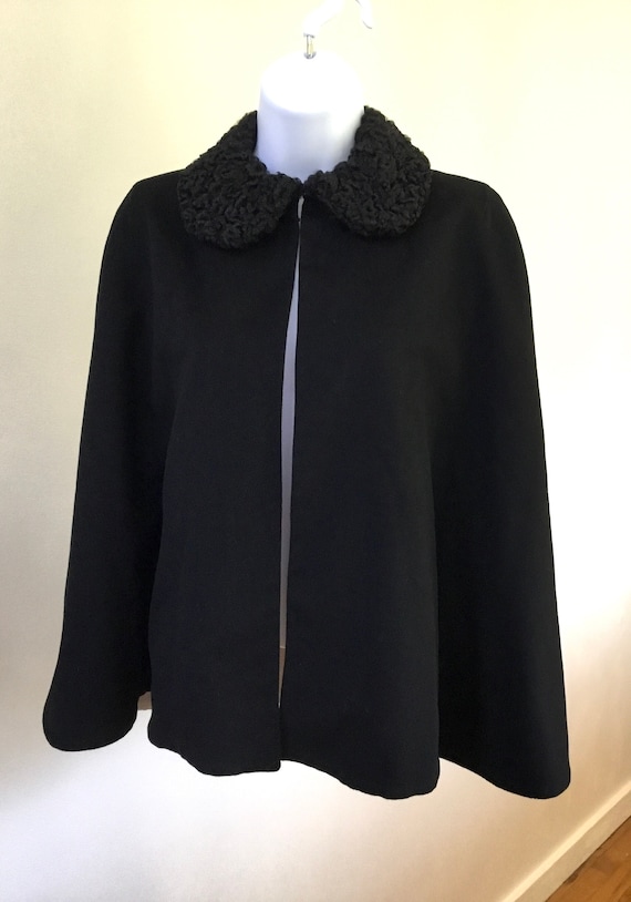 50s short wool cape with curly lamb (?) collar. Re