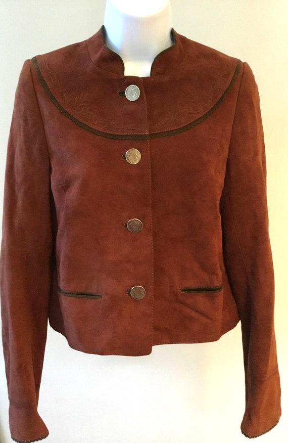 Russet brown suede dirndl jacket. Silver engraved 