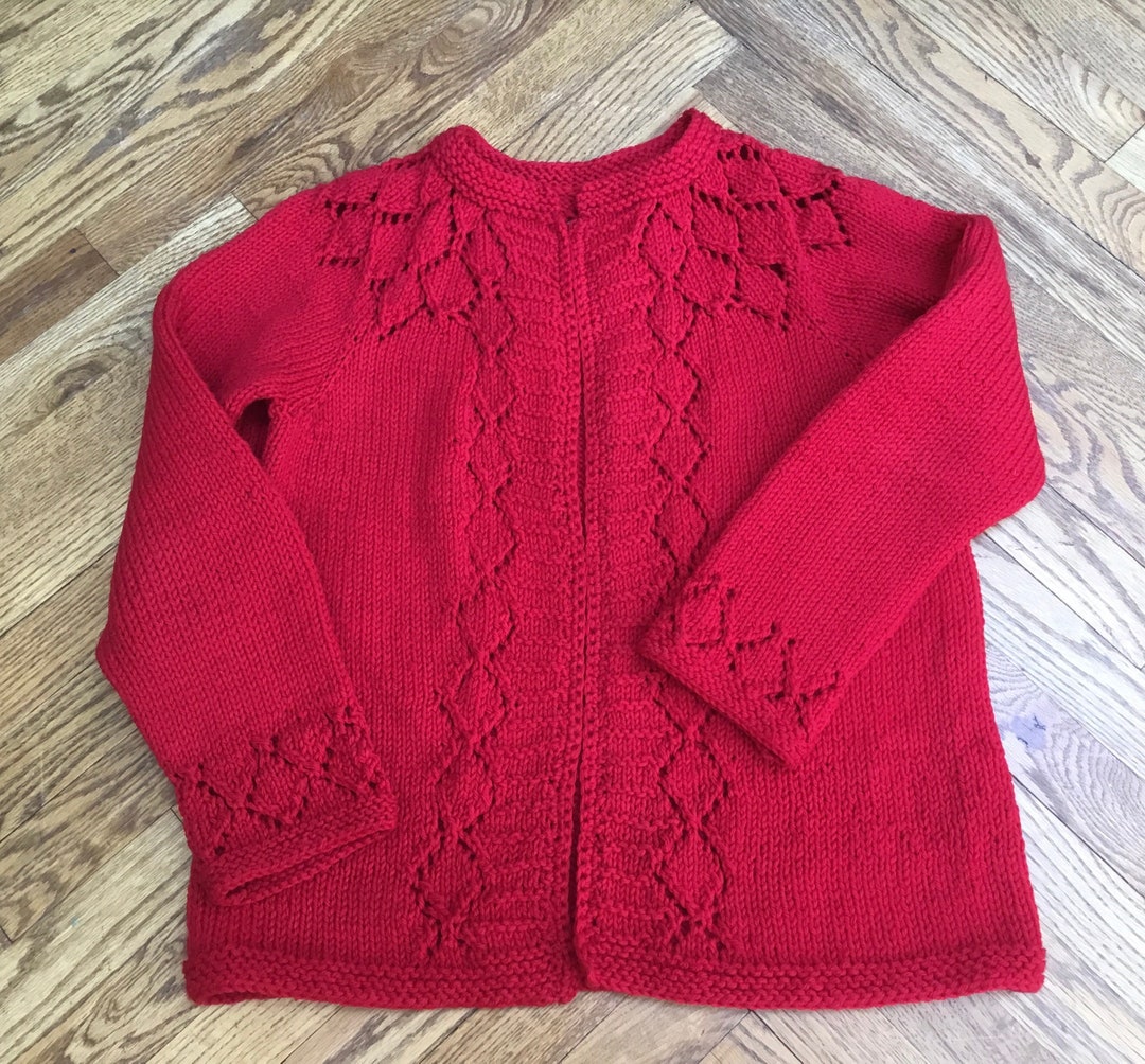 Vintage Red Hand Knit Sweater/cardigan. Beautiful Detail. Etsy