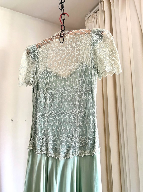 Vintage 30s Silk + Lace Gown, Seafoam Dyed, Silk … - image 4