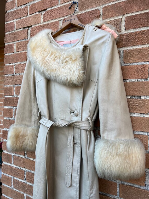 Vintage 60s 70s Leather + Shearling Coat, Parisienne Chic, Pink lining, Unisex Xs S, 1960's 1970's