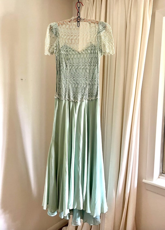 Vintage 30s Silk + Lace Gown, Seafoam Dyed, Silk … - image 3