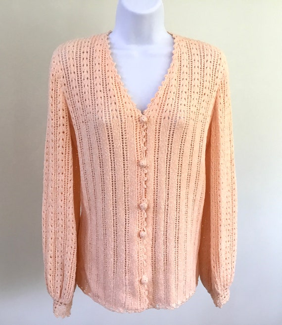 80’s peachy pink crochet cardigan. - image 1