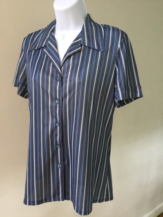 70’s short sleeve nylon blue striped women’s Sears