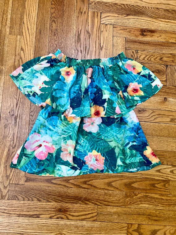 VTG 70s Off Shoulder, Ruffle, Teal Hawaiian print,