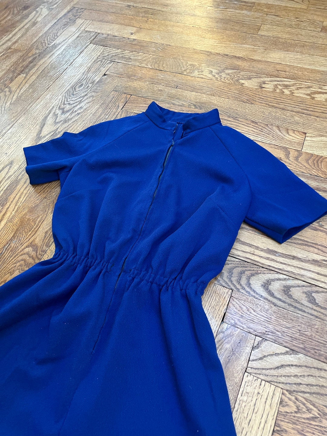 Vintage 1970s Navy Blue Mini Dress, Elastic Waist, Metal Zipper, Unisex ...
