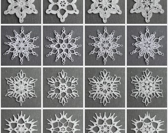 May include: A collection of sixteen white, crocheted snowflakes, each with a unique design. The snowflakes are displayed on a gray background, showcasing their intricate patterns and delicate details. The designs vary from simple to complex, with various shapes and sizes.