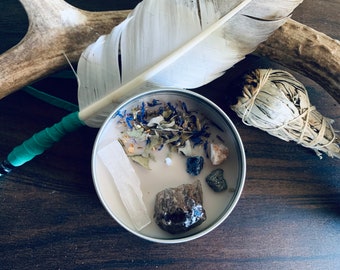 INTUITION / Crystal sage smudge candle / smoky quartz / protection / soy candle /Sunstone / Pyrite /Grounding