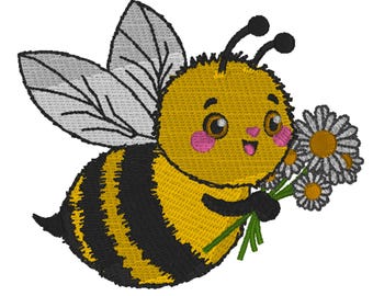 Encantador diseño de bordado de margarita y abeja, margarita, abeja con flor, abeja bordada, descarga instantánea, bordado a máquina, ARCHIVO DIGITAL