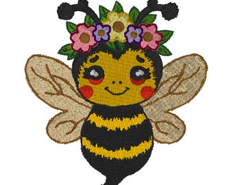 Spring Bee Floral Crown Embroidery design, bee with flowers, embroidered bee, instant download, machine embroidery, DIGITAL FILE