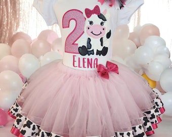 Cow birthday theme, cow ribbon tutu outfit, personalized pink cow top, farm theme, cow hair bow, cow print birthday