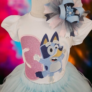 Blue heeler outfit, themed birthday outfit, party outfit, blue dog embroidered top, pink glitter image 2