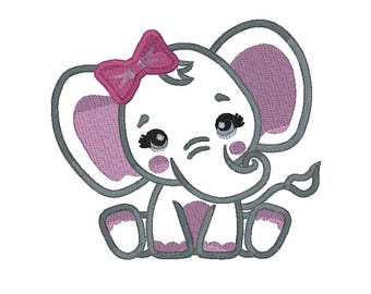Elefante niña, elefante bebé, elefante rosa con lazo, aplique de elefante, descarga instantánea, bordado a máquina, ARCHIVO DIGITAL