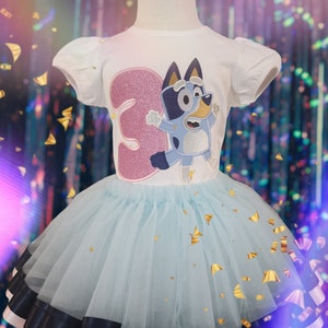 Blue heeler outfit, themed birthday outfit, party outfit, blue dog embroidered top, pink glitter image 3