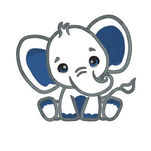 May include: An embroidered elephant design in white, blue, and grey. The elephant has blue inner ears and eyes, with a grey outline. It is depicted sitting down with its trunk curled. This design is suitable for children's items.