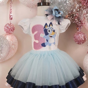 Blue heeler outfit, themed birthday outfit, party outfit, blue dog embroidered top, pink glitter